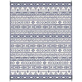 Reversible Outdoor Rug, Waterproof Plastic Straw with Carry Bag, 8' x 10', Blue & White Geometric