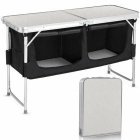 4FT Portable Folding Camping Table with Storage, Aluminum Outdoor Cooking Station with 2 Adjustable Legs, Black (Option: Default Title)